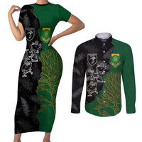Custom Aotearoa South Africa Rugby Freedom Cup Couples Matching Short Sleeve Bodycon Dress and Long Sleeve Button Shirt Kiwi Warriors Haka with King Protea Symbol LT03 Green - Polynesian Pride