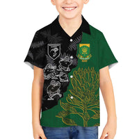Custom Aotearoa South Africa Rugby Freedom Cup Family Matching Long Sleeve Bodycon Dress and Hawaiian Shirt Kiwi Warriors Haka with King Protea Symbol LT03 Son's Shirt Green - Polynesian Pride