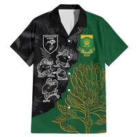 Custom Aotearoa South Africa Rugby Freedom Cup Family Matching Mermaid Dress and Hawaiian Shirt Kiwi Warriors Haka with King Protea Symbol LT03 Dad's Shirt - Short Sleeve Green - Polynesian Pride
