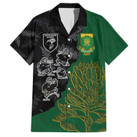 Custom Aotearoa South Africa Rugby Freedom Cup Family Matching Short Sleeve Bodycon Dress and Hawaiian Shirt Kiwi Warriors Haka with King Protea Symbol LT03 Dad's Shirt - Short Sleeve Green - Polynesian Pride