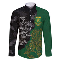 Custom Aotearoa South Africa Rugby Freedom Cup Family Matching Short Sleeve Bodycon Dress and Hawaiian Shirt Kiwi Warriors Haka with King Protea Symbol LT03 Dad's Shirt - Long Sleeve Green - Polynesian Pride