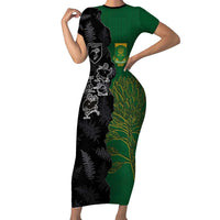 Custom Aotearoa South Africa Rugby Freedom Cup Family Matching Short Sleeve Bodycon Dress and Hawaiian Shirt Kiwi Warriors Haka with King Protea Symbol LT03 Mom's Dress Green - Polynesian Pride