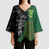 Custom Aotearoa South Africa Rugby Freedom Cup Kimono Sleeve Blouse Kiwi Warriors Haka with King Protea Symbol - Polynesian Pride