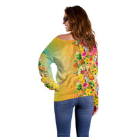 Hawaiian Tropical Fruits and Plants Off Shoulder Sweater Kakau Pattern Summer Vibe