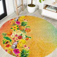 Hawaiian Tropical Fruits and Plants Round Carpet Kakau Pattern Summer Vibe