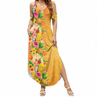 Hawaiian Tropical Fruits and Plants Summer Maxi Dress Kakau Pattern Summer Vibe