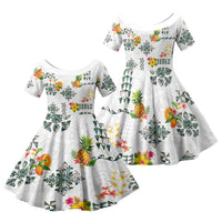 Hawaiian Quilts Family Matching Off Shoulder Short Dress and Hawaiian Shirt Tropical Fruits and Plants