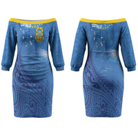Tuvalu Heritage Couples Matching Off The Shoulder Long Sleeve Dress and Hawaiian Shirt Map of the Islands and Polynesia Pattern