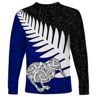 Aotearoa New Zealand Long Sleeve Shirt Silver Fern Kiwi Bird and NZ Map with Maori Tribal Blue Style LT03 - Polynesian Pride