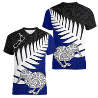 Aotearoa New Zealand Women V Neck T Shirt Silver Fern Kiwi Bird and NZ Map with Maori Tribal Blue Style LT03 - Polynesian Pride