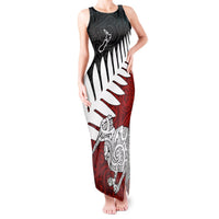 Aotearoa New Zealand Tank Maxi Dress Silver Fern Kiwi Bird and NZ Map with Maori Tribal Red Style LT03 Women Pink - Polynesian Pride