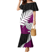 Aotearoa New Zealand Mermaid Dress Silver Fern Kiwi Bird and NZ Map with Maori Tribal Pink Style LT03 Women Red - Polynesian Pride