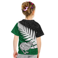 Aotearoa New Zealand Kid T Shirt Silver Fern Kiwi Bird and NZ Map with Maori Tribal Green Style LT03 - Polynesian Pride