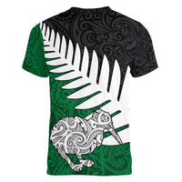 Aotearoa New Zealand Women V Neck T Shirt Silver Fern Kiwi Bird and NZ Map with Maori Tribal Green Style LT03 - Polynesian Pride