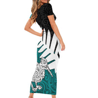 Aotearoa New Zealand Short Sleeve Bodycon Dress Silver Fern Kiwi Bird and NZ Map with Maori Tribal Turquoise Style LT03 - Polynesian Pride