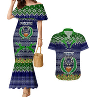 Personalised Pohnpei State Christmas Couples Matching Mermaid Dress and Hawaiian Shirt Coat of Arms Beautiful Merry Xmas Snowflake LT03 Blue - Polynesian Pride