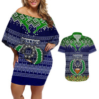 Personalised Pohnpei State Christmas Couples Matching Off Shoulder Short Dress and Hawaiian Shirt Coat of Arms Beautiful Merry Xmas Snowflake LT03 Blue - Polynesian Pride