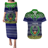 Personalised Pohnpei State Christmas Couples Matching Puletasi Dress and Hawaiian Shirt Coat of Arms Beautiful Merry Xmas Snowflake LT03 Blue - Polynesian Pride