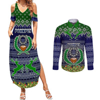 Personalised Pohnpei State Christmas Couples Matching Summer Maxi Dress and Long Sleeve Button Shirts Coat of Arms Beautiful Merry Xmas Snowflake LT03 Blue - Polynesian Pride