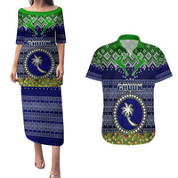 Personalised Chuuk State Christmas Couples Matching Puletasi Dress and Hawaiian Shirt Coat of Arms Beautiful Merry Xmas Snowflake LT03 Blue - Polynesian Pride