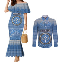 Kosrae Christmas Couples Matching Mermaid Dress and Long Sleeve Button Shirts Coat of Arms Beautiful Merry Xmas Snowflake LT03 Blue - Polynesian Pride
