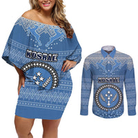 Kosrae Christmas Couples Matching Off Shoulder Short Dress and Long Sleeve Button Shirts Coat of Arms Beautiful Merry Xmas Snowflake LT03 Blue - Polynesian Pride