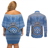 kosrae-christmas-couples-matching-off-shoulder-short-dress-and-long-sleeve-button-shirts-coat-of-arms-beautiful-merry-xmas-snowflake