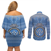 Kosrae Christmas Couples Matching Off Shoulder Short Dress and Long Sleeve Button Shirts Coat of Arms Beautiful Merry Xmas Snowflake LT03 - Polynesian Pride