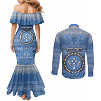 Personalised Kosrae Christmas Couples Matching Mermaid Dress and Long Sleeve Button Shirts Coat of Arms Beautiful Merry Xmas Snowflake LT03 - Polynesian Pride