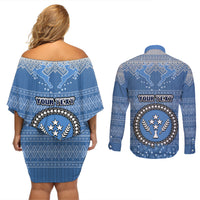 Personalised Kosrae Christmas Couples Matching Off Shoulder Short Dress and Long Sleeve Button Shirts Coat of Arms Beautiful Merry Xmas Snowflake LT03 - Polynesian Pride
