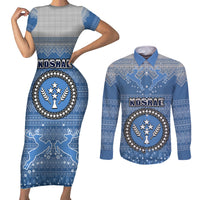 Personalised Kosrae Christmas Couples Matching Short Sleeve Bodycon Dress and Long Sleeve Button Shirts Coat of Arms Beautiful Merry Xmas Snowflake LT03 Blue - Polynesian Pride