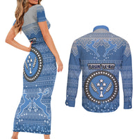 Personalised Kosrae Christmas Couples Matching Short Sleeve Bodycon Dress and Long Sleeve Button Shirts Coat of Arms Beautiful Merry Xmas Snowflake LT03 - Polynesian Pride