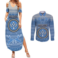 Personalised Kosrae Christmas Couples Matching Summer Maxi Dress and Long Sleeve Button Shirts Coat of Arms Beautiful Merry Xmas Snowflake LT03 Blue - Polynesian Pride