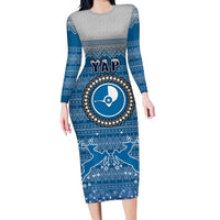 Yap Christmas Family Matching Long Sleeve Bodycon Dress and Hawaiian Shirt Coat of Arms Beautiful Merry Xmas Snowflake LT03 Mom's Dress Blue - Polynesian Pride