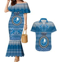 Personalised Yap Christmas Couples Matching Mermaid Dress and Hawaiian Shirt Coat of Arms Beautiful Merry Xmas Snowflake LT03 Blue - Polynesian Pride
