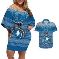 Personalised Yap Christmas Couples Matching Off Shoulder Short Dress and Hawaiian Shirt Coat of Arms Beautiful Merry Xmas Snowflake LT03 Blue - Polynesian Pride