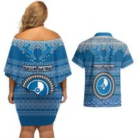 Personalised Yap Christmas Couples Matching Off Shoulder Short Dress and Hawaiian Shirt Coat of Arms Beautiful Merry Xmas Snowflake LT03 - Polynesian Pride