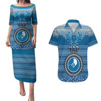 Personalised Yap Christmas Couples Matching Puletasi Dress and Hawaiian Shirt Coat of Arms Beautiful Merry Xmas Snowflake LT03 Blue - Polynesian Pride
