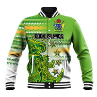 Personalised Cook Islands Va'a Race Baseball Jacket Te Tatau Tattoos Sporty Style Green-White Color - Polynesian Pride