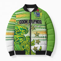 Personalised Cook Islands Va'a Race Bomber Puffer Jacket Te Tatau Tattoos Sporty Style Green-White Color - Polynesian Pride