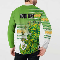 Personalised Cook Islands Va'a Race Button Sweatshirt Te Tatau Tattoos Sporty Style Green-White Color - Polynesian Pride