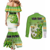 Personalised Cook Islands Va'a Race Couples Matching Mermaid Dress and Long Sleeve Button Shirt Te Tatau Tattoos Sporty Style Green-White Color - Polynesian Pride
