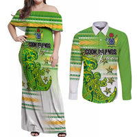 Personalised Cook Islands Va'a Race Couples Matching Off Shoulder Maxi Dress and Long Sleeve Button Shirt Te Tatau Tattoos Sporty Style Green-White Color - Polynesian Pride