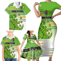 Personalised Cook Islands Va'a Race Family Matching Short Sleeve Bodycon Dress and Hawaiian Shirt Te Tatau Tattoos Sporty Style Green-White Color - Polynesian Pride