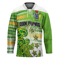 Personalised Cook Islands Va'a Race Hockey Jersey Te Tatau Tattoos Sporty Style Green-White Color - Polynesian Pride