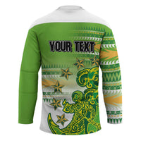 Personalised Cook Islands Va'a Race Hockey Jersey Te Tatau Tattoos Sporty Style Green-White Color - Polynesian Pride