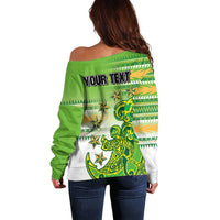 Personalised Cook Islands Va'a Race Off Shoulder Sweater Te Tatau Tattoos Sporty Style Green-White Color - Polynesian Pride