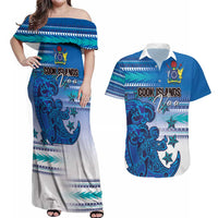 Personalised Cook Islands Va'a Race Couples Matching Off Shoulder Maxi Dress and Hawaiian Shirt Te Tatau Tattoos Sporty Style Light Blue Color - Polynesian Pride