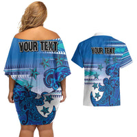 Personalised Cook Islands Va'a Race Couples Matching Off Shoulder Short Dress and Hawaiian Shirt Te Tatau Tattoos Sporty Style Light Blue Color - Polynesian Pride