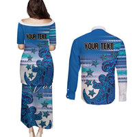 Personalised Cook Islands Va'a Race Couples Matching Puletasi and Long Sleeve Button Shirt Te Tatau Tattoos Sporty Style Light Blue Color - Polynesian Pride